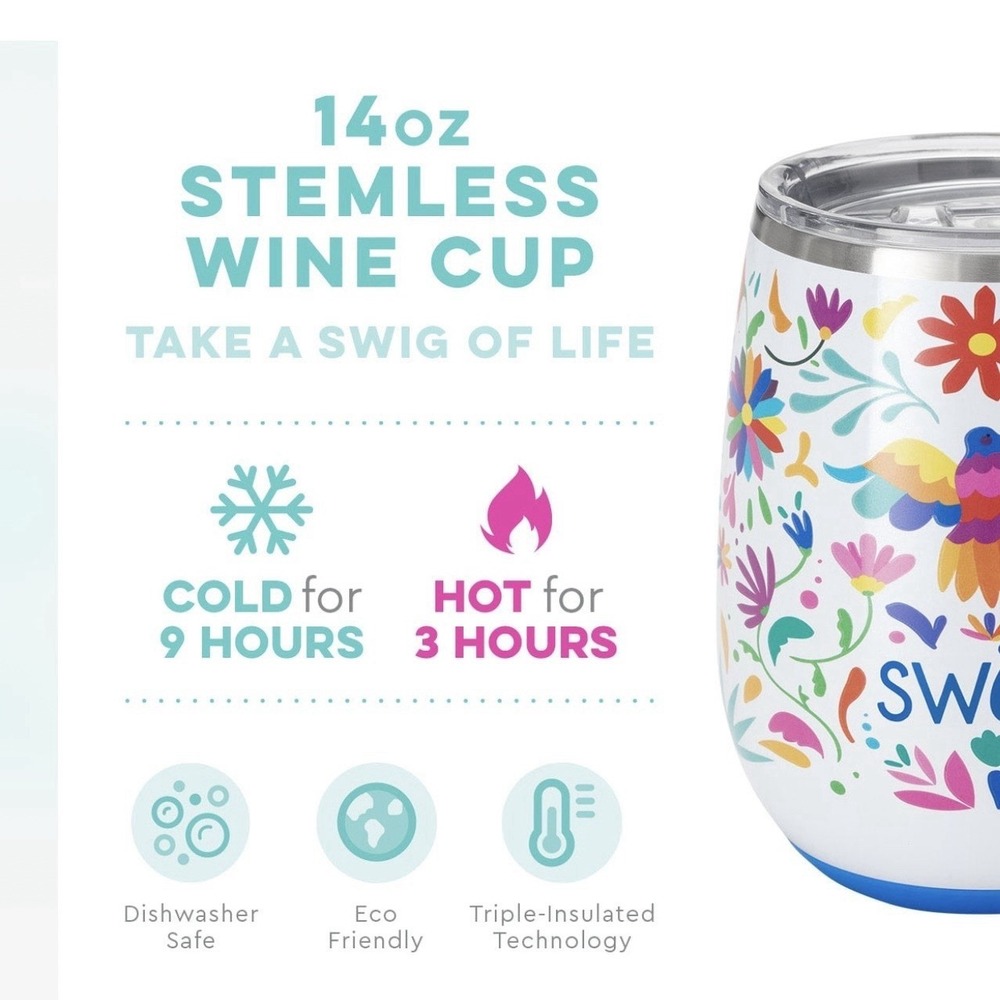 Swig Life 14 oz. Insulated Stemless Wine Cup "Viva Fiesta" Design Stainless - Picture 4 of 4
